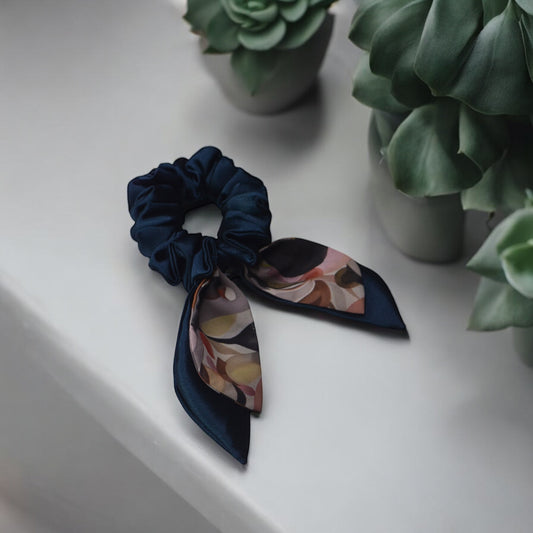Midnight Petals Scrunchie|Deep navy with floral tail|M